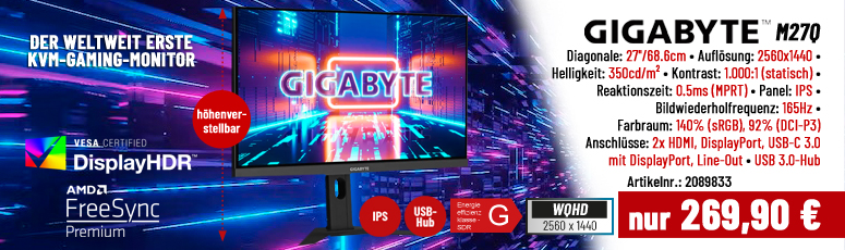 GIGABYTE M27Q - LED-Monitor - 68.6 cm (27") - 2560 x 1440 IPS @ 170 Hz - 350 cd/m² - 1000:1 - 0.5 ms - 2x HDMI - DisplayPort - USB-C