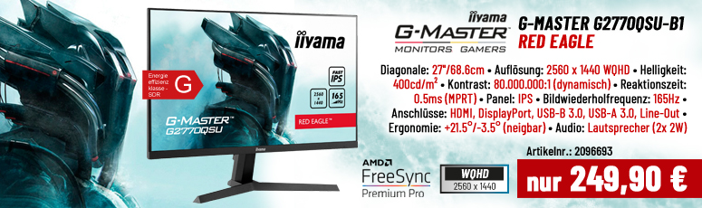 Iiyama G-MASTER Red Eagle G2770QSU-B1 - LED-Monitor - 68.6 cm (27") 2560 x 1440 QHD @ 165 Hz - IPS - 400 cd/m² - 1 ms - HDMI - DP - Lautsprecher