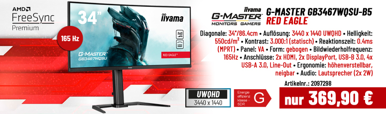 Iiyama G-MASTER Red Eagle GB3467WQSU-B5 - LED-Monitor - GEBOGEN - 86.4 cm (34") - 2560x1440 UWQHD - 165Hz - VA - 2x HDMI, 2x DP - Lautsprech., USB Hub