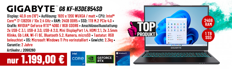 GIGABYTE G6 KF-H3DE854SD - 40.6 cm (16") - 165Hz - Intel Core i7 13620H - GeForce RTX 4060 - 24 GB RAM - 1 TB SSD NVMe - Win 11 Pro