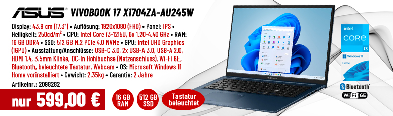 ASUS VivoBook 17 X1704ZA-AU245W - 43.9 cm (17.3") IPS Fuil HD - Intel Core i3-1215U - Intel UHD Graphics - 16 GB RAM - 512 GB  NVMe SSD - Win 11